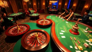7upbet casino scene showcasing luxury gaming tables, chips, and digital betting elements.