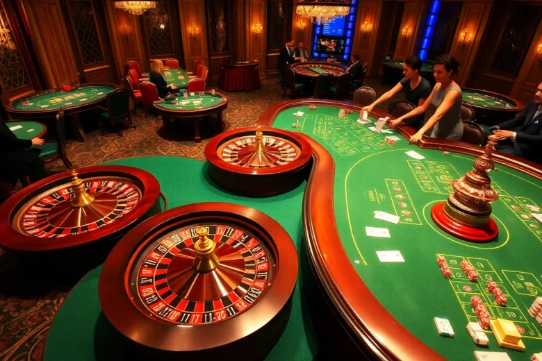7upbet casino scene showcasing luxury gaming tables, chips, and digital betting elements.