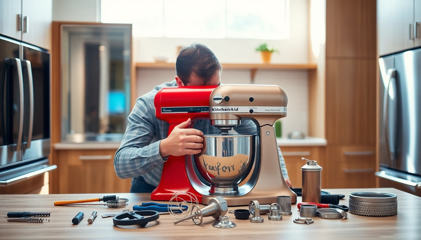 Kitchenaid appliance repair ottawa services by a technician fixing a KitchenAid mixer.