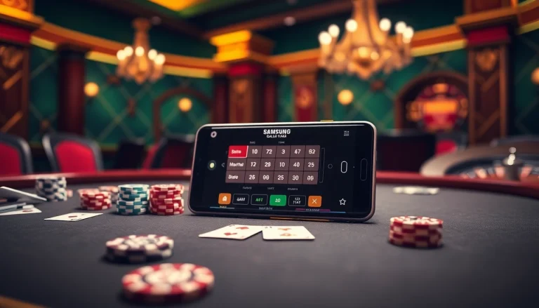 Place Samsung Galaxy S8 on an elegant poker table amidst vibrant casino elements, showcasing an exciting gambling scene.