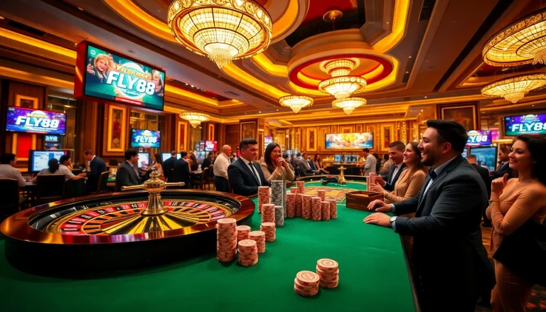 FLY88 players enjoying an immersive gaming experience with vibrant roulette and elegant casino decor.