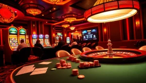 K9K9 casino showcasing a vibrant poker scene with players, slot machines, and roulette wheel.