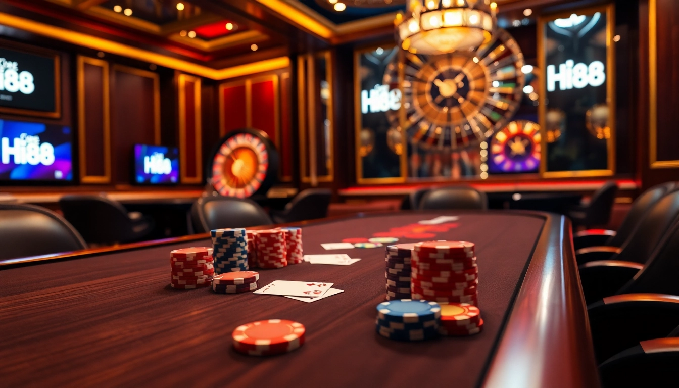 Experience the excitement of betting at Hi88's luxurious poker table with vibrant chips and cards.