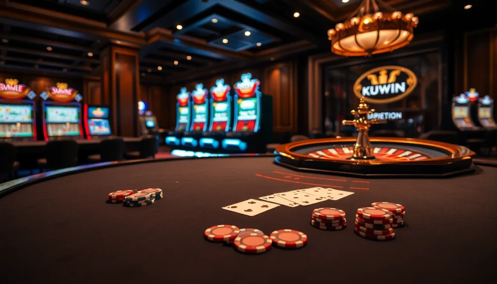 KUWIN casino table with poker chips and roulette wheel showcasing an exciting gambling atmosphere.