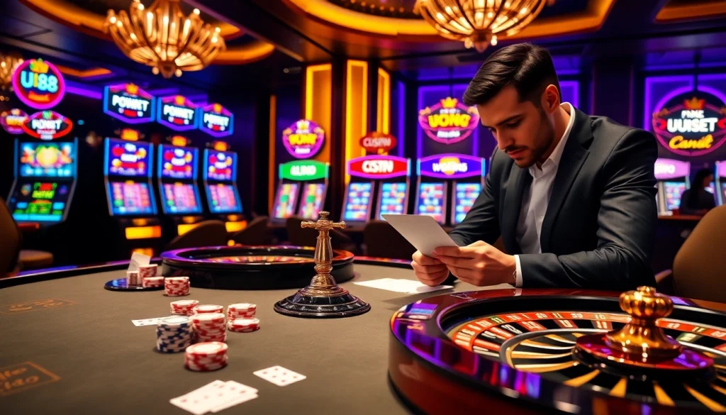 UU88 casino players enjoying a thrilling poker game with vibrant lights and chips.