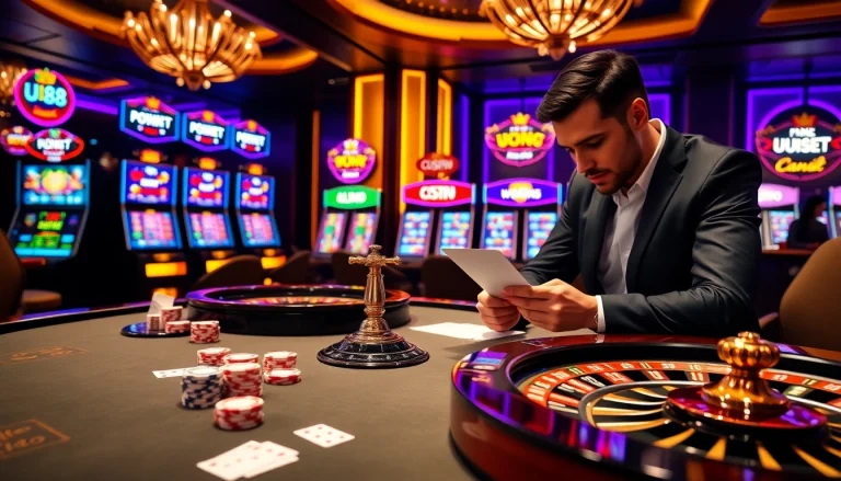 UU88 casino players enjoying a thrilling poker game with vibrant lights and chips.