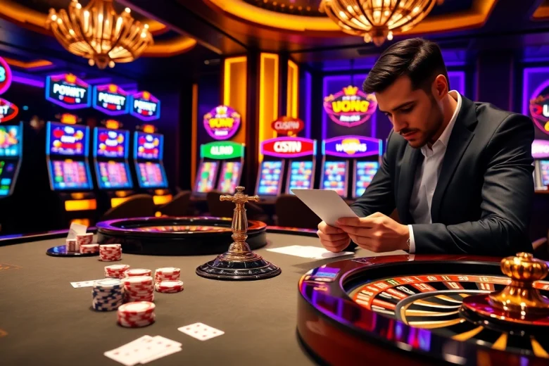 UU88 casino players enjoying a thrilling poker game with vibrant lights and chips.