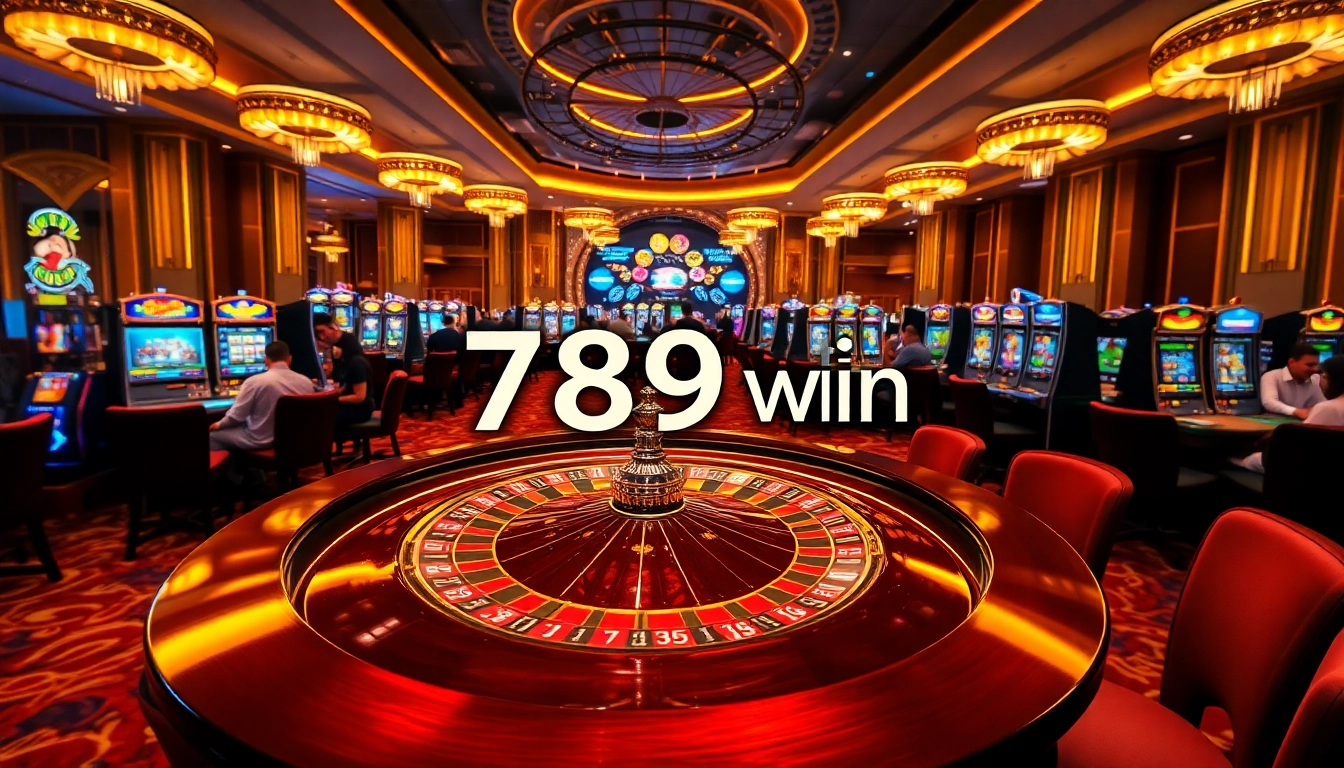 Exciting casino scene featuring the keyword 789 win with players at roulette and poker tables.