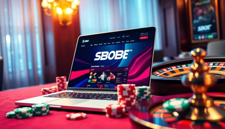 SBOBet sports betting experience featuring vibrant casino elements and a modern laptop display.