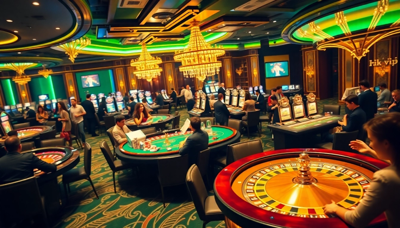 Exciting gambling action with rik vip, showcasing a vibrant casino atmosphere filled with roulette wheels and poker tables.