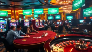 Experience the excitement of THABET casino with players enjoying thrilling poker and slot machines.