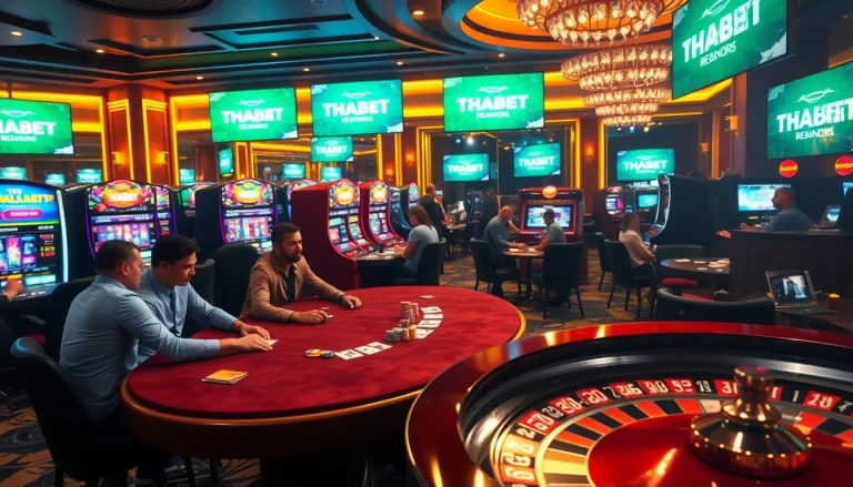 Experience the excitement of THABET casino with players enjoying thrilling poker and slot machines.