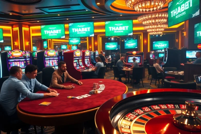 Experience the excitement of THABET casino with players enjoying thrilling poker and slot machines.