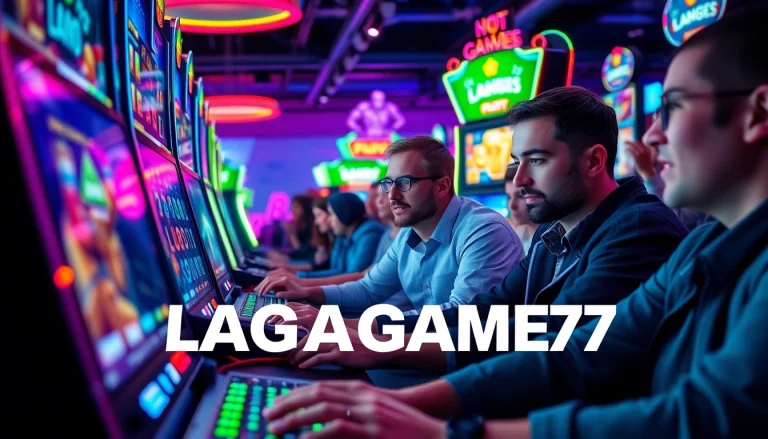 LAGAGAME77 showcases players enjoying engaging online slot games in a vibrant, electrifying environment.