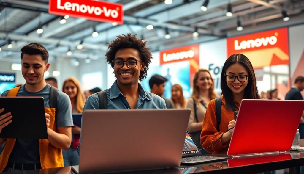 多様な人々が革新的な製品に触れる活気あるテックショーケースに表示された Lenovo クーポン。