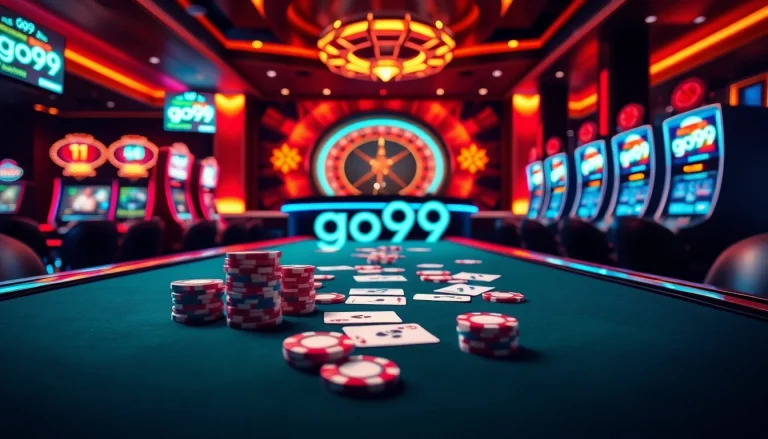 Engaging scene of players enjoying the go99 game at a vibrant casino table with poker chips and roulette.