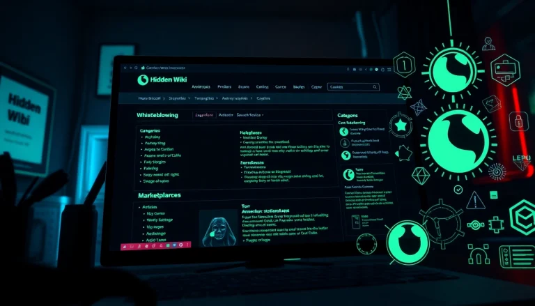 Explore the hidden wiki interface on the dark web, showcasing unique .onion categories and modern design elements.