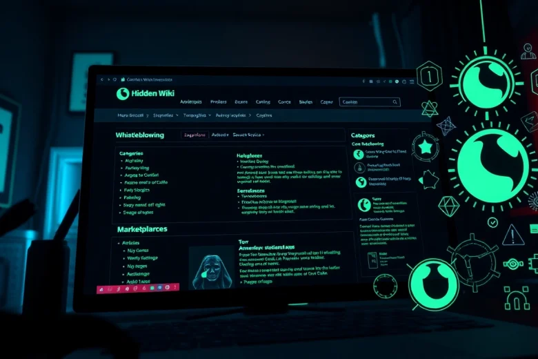Explore the hidden wiki interface on the dark web, showcasing unique .onion categories and modern design elements.