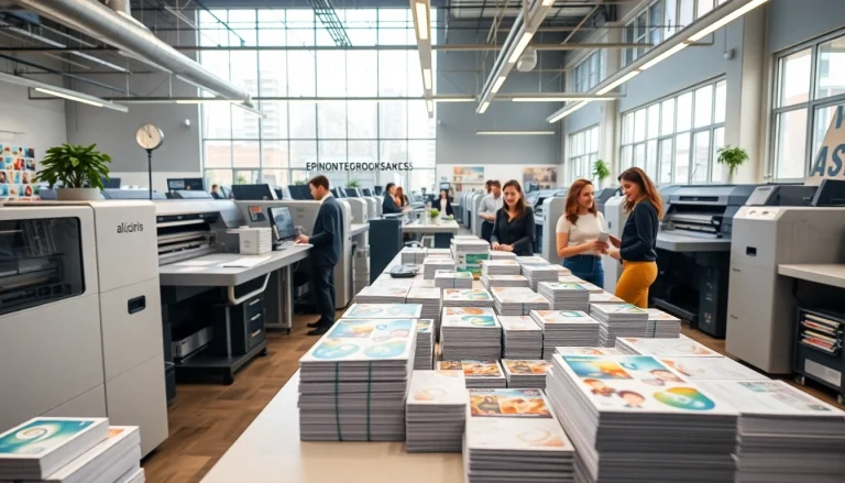 Imprenta en Alicante que muestra un estudio de impresión moderno con materiales impresos vibrantes y personal profesional.