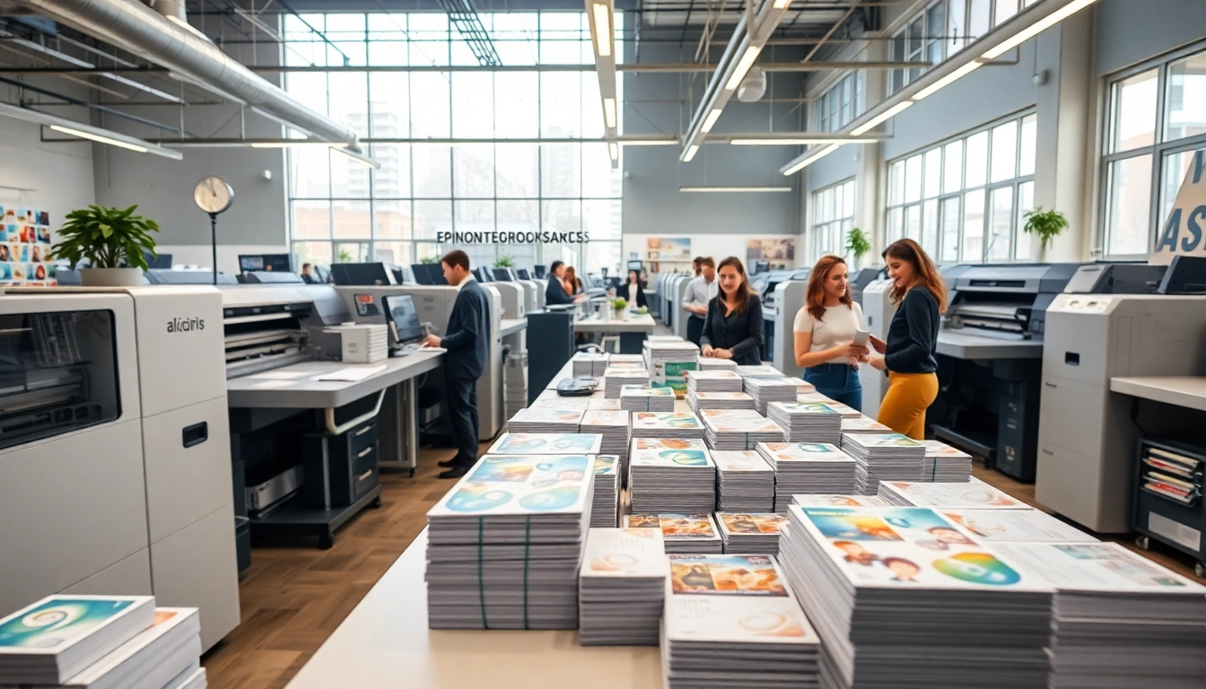 Imprenta en Alicante que muestra un estudio de impresión moderno con materiales impresos vibrantes y personal profesional.