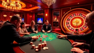 Players at a poker table enjoying a thrilling game at https://789paka.com in a luxurious casino setting.