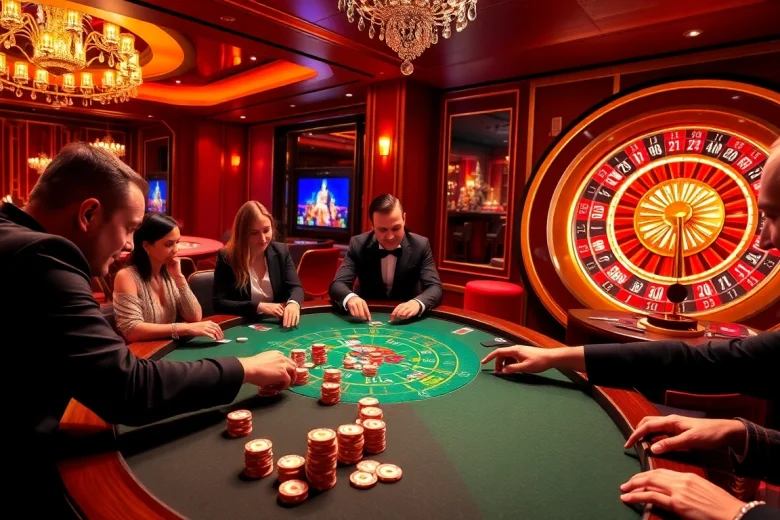 Players at a poker table enjoying a thrilling game at https://789paka.com in a luxurious casino setting.