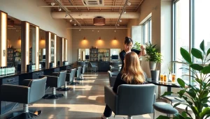 Vibrant interior of Omnia Salon showcasing hairstyling artistry and Aveda products.