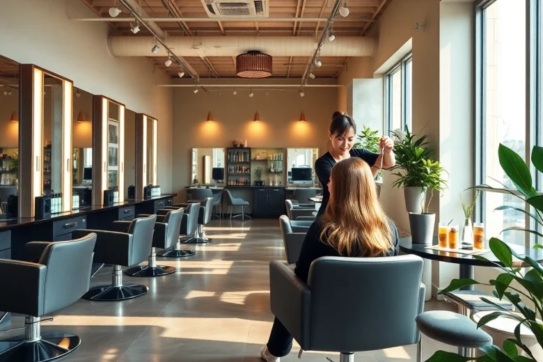 Vibrant interior of Omnia Salon showcasing hairstyling artistry and Aveda products.