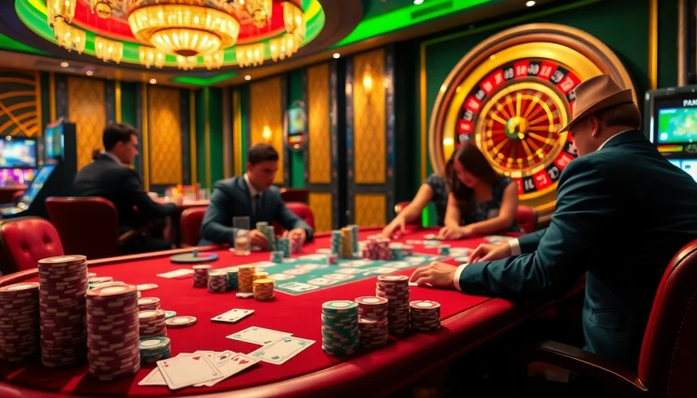 The engaging b52club gaming scene features players at a vibrant poker table amidst a luxurious casino backdrop.