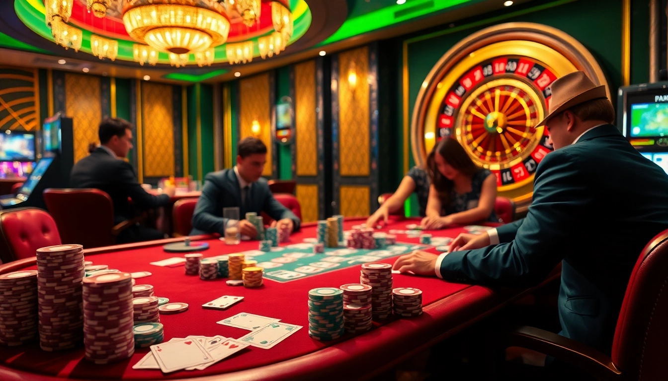The engaging b52club gaming scene features players at a vibrant poker table amidst a luxurious casino backdrop.
