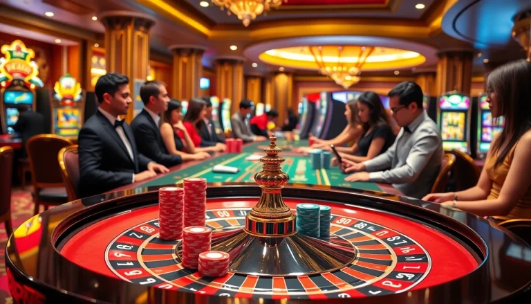 Players enjoying an exciting game at https://789win.associates/ roulette table in a luxury casino.