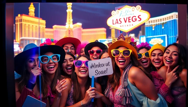Exciting Las Vegas Photo Booth Rental with friends enjoying fun props and vibrant skyline.