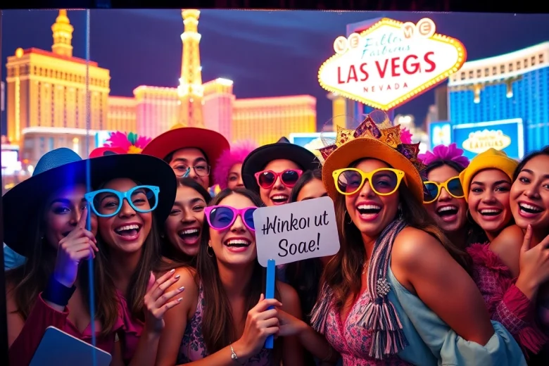 Exciting Las Vegas Photo Booth Rental with friends enjoying fun props and vibrant skyline.