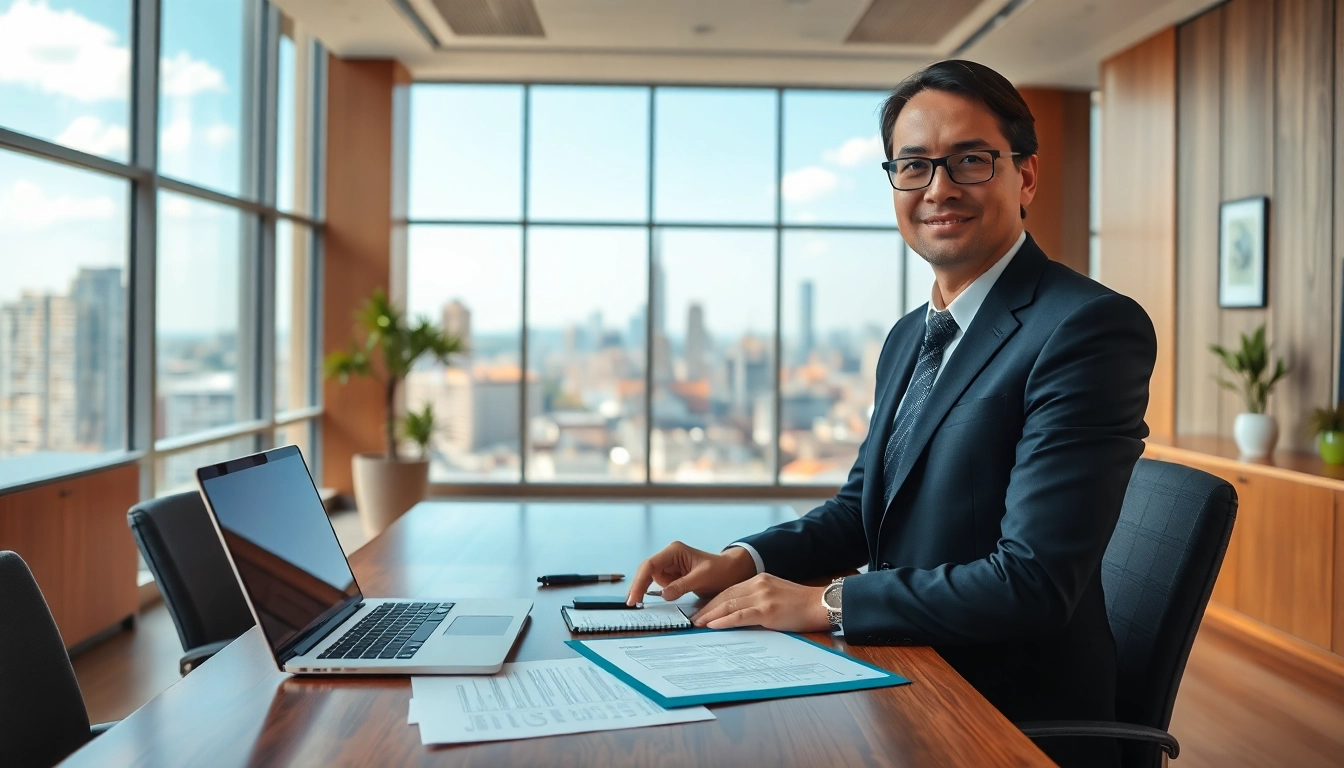 Real estate lawyer consulting in a modern office, showcasing professionalism and expertise.