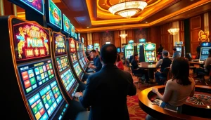 Para pemain menang di mesin slot pulsa dalam suasana kasino yang dinamis dan penuh warna.