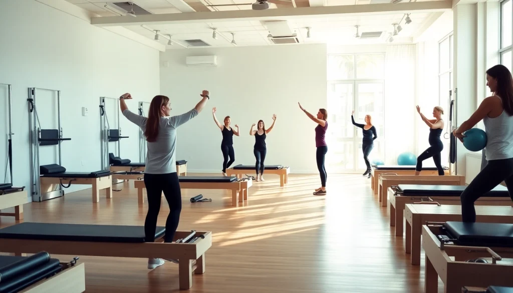 インストラクターとクライアントがいる、マシンピラティス おすすめを強調する魅力的なピラティススタジオの風景。