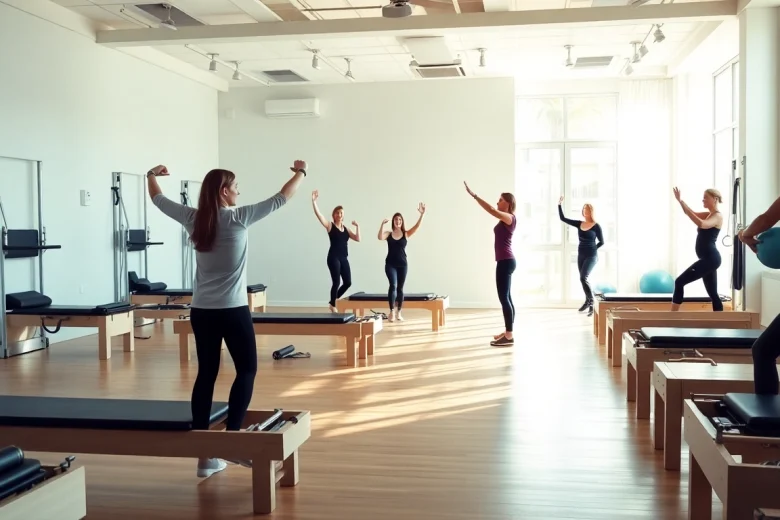 インストラクターとクライアントがいる、マシンピラティス おすすめを強調する魅力的なピラティススタジオの風景。