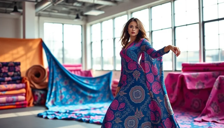 Trendvolle tricot jersey bedrukt stoffen worden gepresenteerd in een stijlvolle modeomgeving.