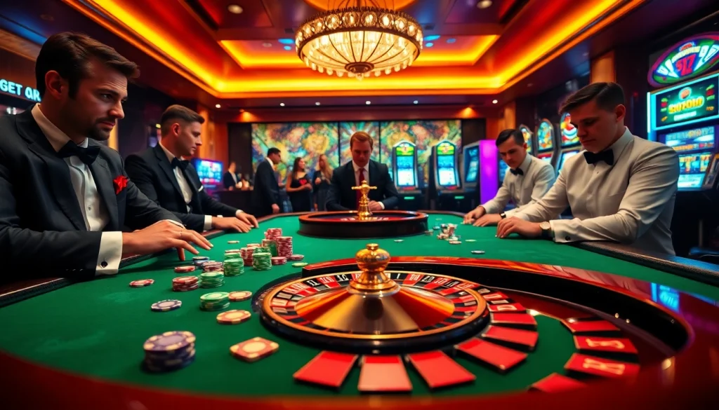 Experience the excitement of gambling at gg88.work with vibrant poker and roulette games in a luxurious casino setting.