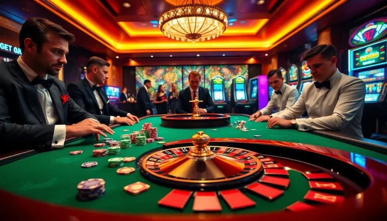 Experience the excitement of gambling at gg88.work with vibrant poker and roulette games in a luxurious casino setting.
