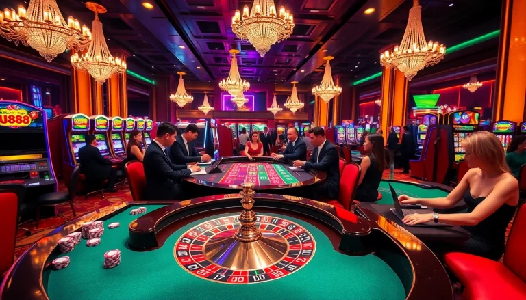 Players enjoying a thrilling game at the U888 casino, surrounded by vibrant slot machines and poker chips.