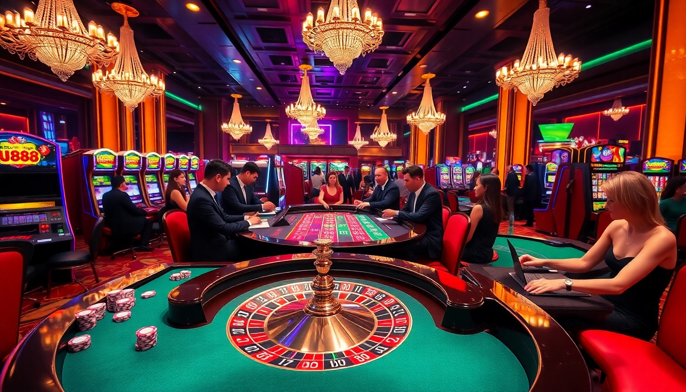 Players enjoying a thrilling game at the U888 casino, surrounded by vibrant slot machines and poker chips.