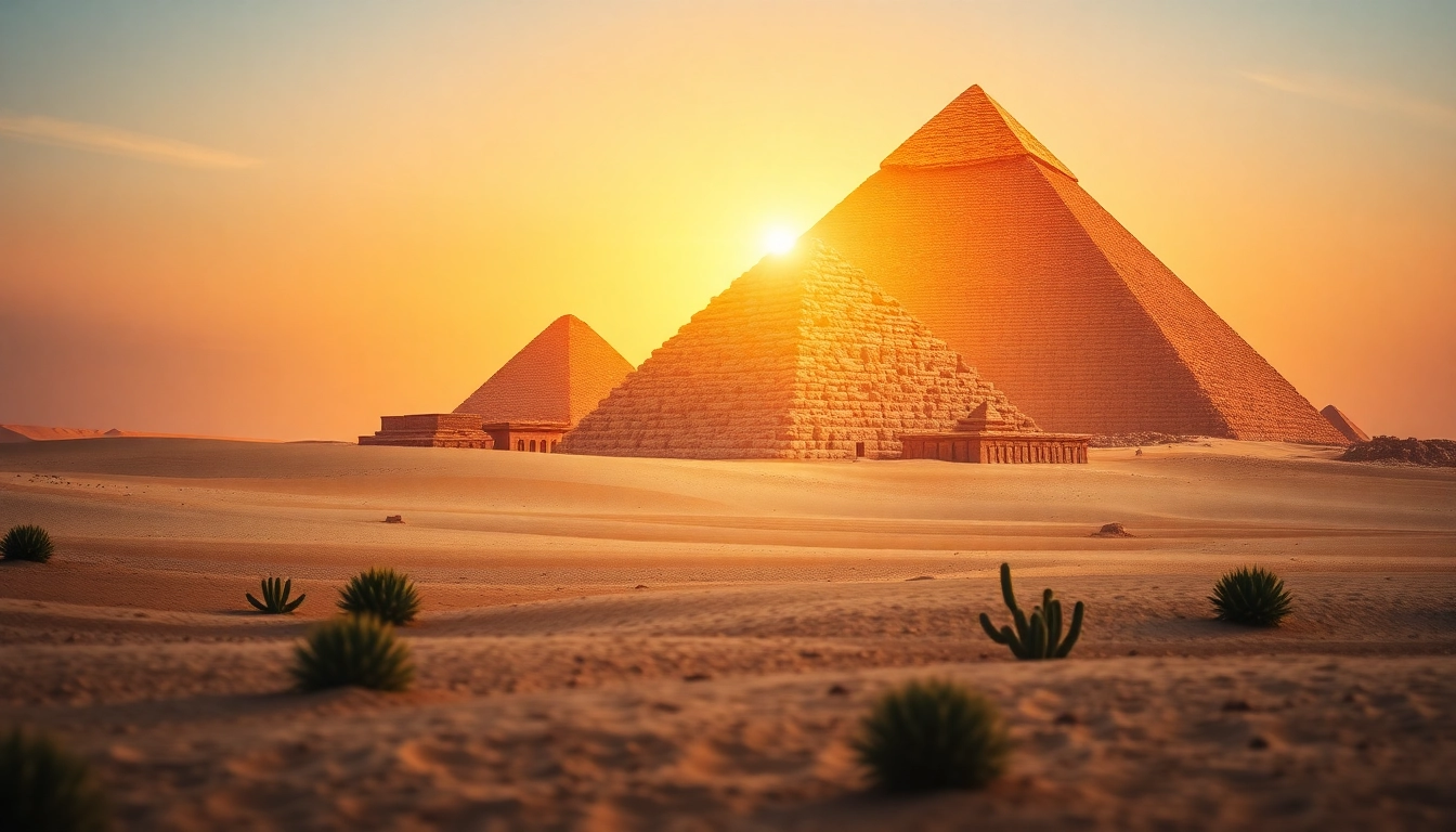 Piraminds rising majestically in a sunrise backdrop with textured stones.