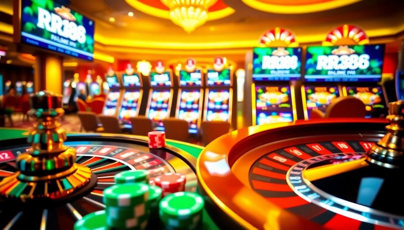 Players enjoying thrilling games at RR88 casino with vibrant roulette and slot machines.