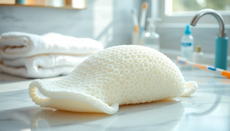Examine the best silicone loofah resting on a marble surface with elegant towels.