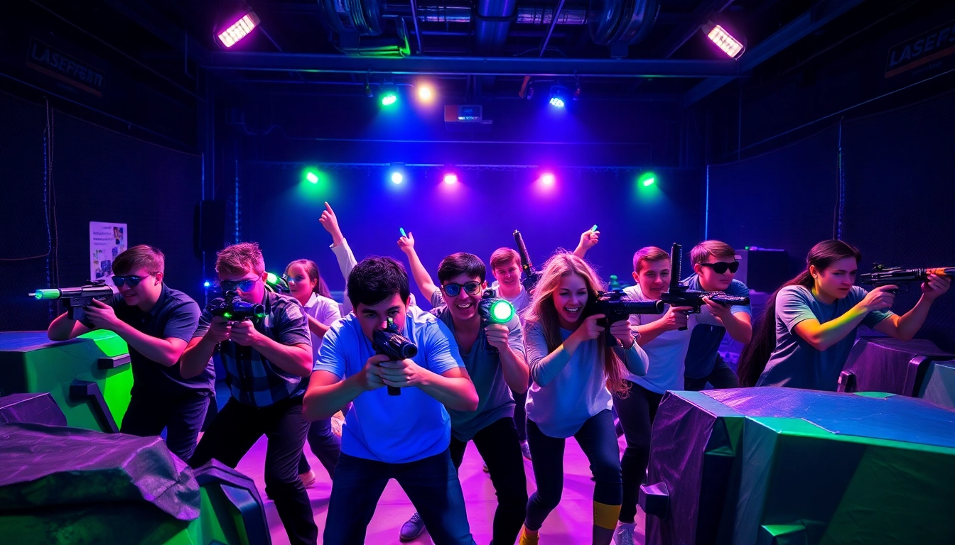 Participants immersed in laser tag battle within a vibrant arena filled with glowing lights.