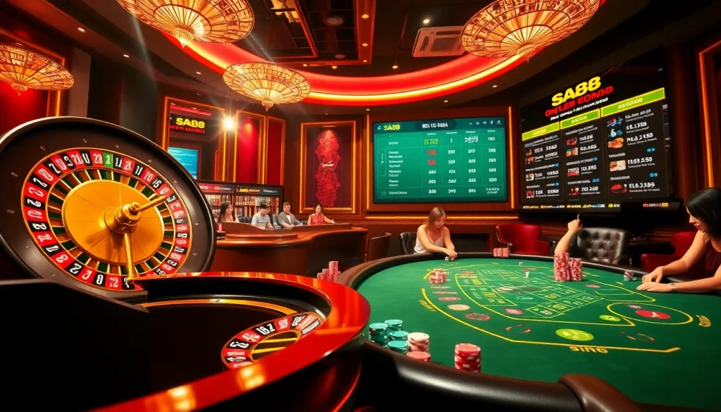 Engage in thrilling SA88 online gambling with vibrant casino visuals including roulette and poker tables.