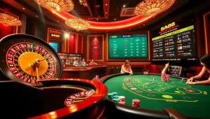 Engage in thrilling SA88 online gambling with vibrant casino visuals including roulette and poker tables.