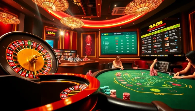 Engage in thrilling SA88 online gambling with vibrant casino visuals including roulette and poker tables.
