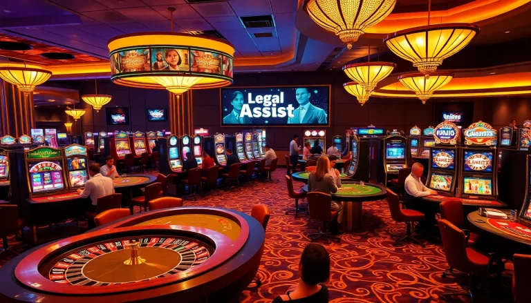 Players engaging in casino games with a sign for Legal Assist emphasizing responsible gambling.